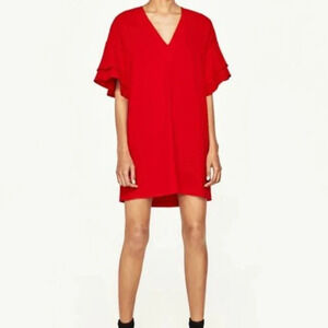 Zara Flowy Red Short Sleeve Dress Size Large Summer Party